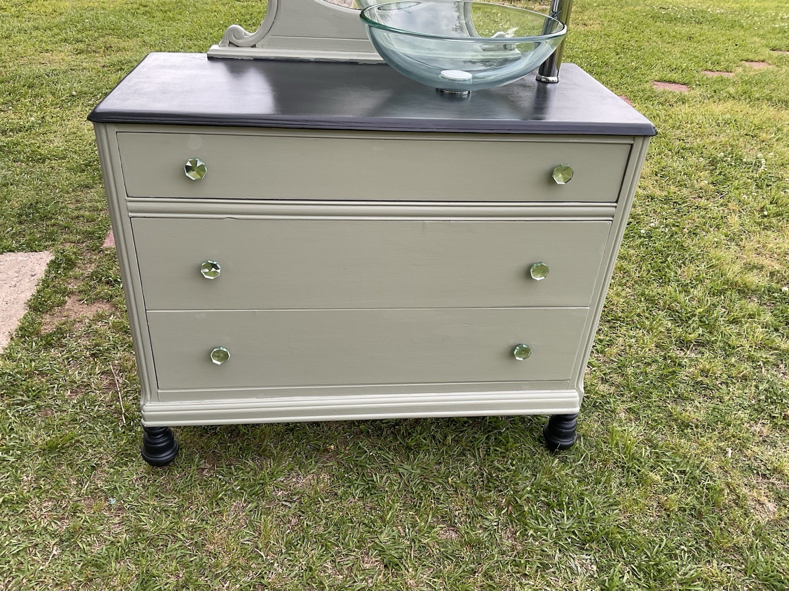 Green & Gray Dresser Repurposed Into Bathroom Vanity With Clear Glass Sink