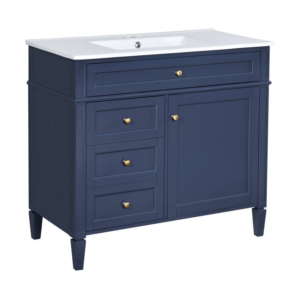 36 Inch Single Sink Bathroom Vanity Gloss Ceramic Top Storage Drawers
