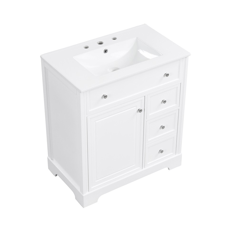 30 Inch White Bathroom Vanity with Ceramic Sink Top Solid Wood MDF Cabinet