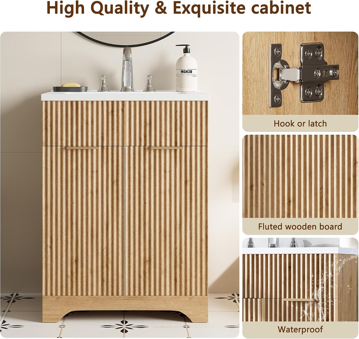 Mid Century Modern 25″ Fluted Bathroom Vanity with Ceramic Sink Cabinet | LINLUX