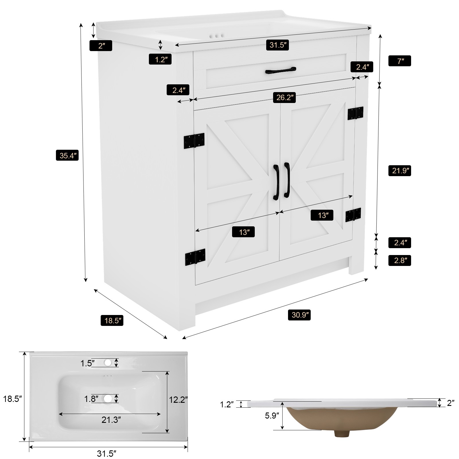 31in White Bathroom Vanity with Ceramic Sink,Divider Drawer & 2 Soft-close Doors