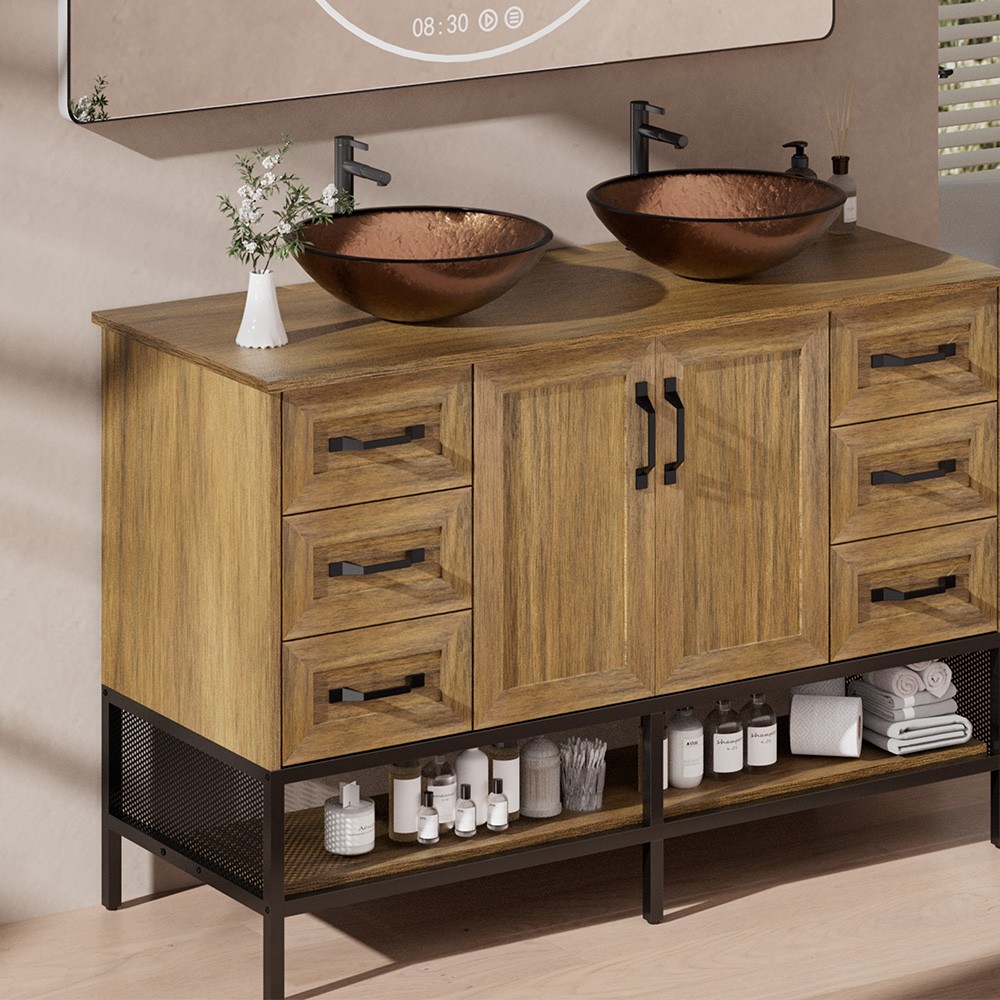 48″ Bathroom Vanity with Vessel Freestanding Cabinet Open Shelves and 6 Drawers