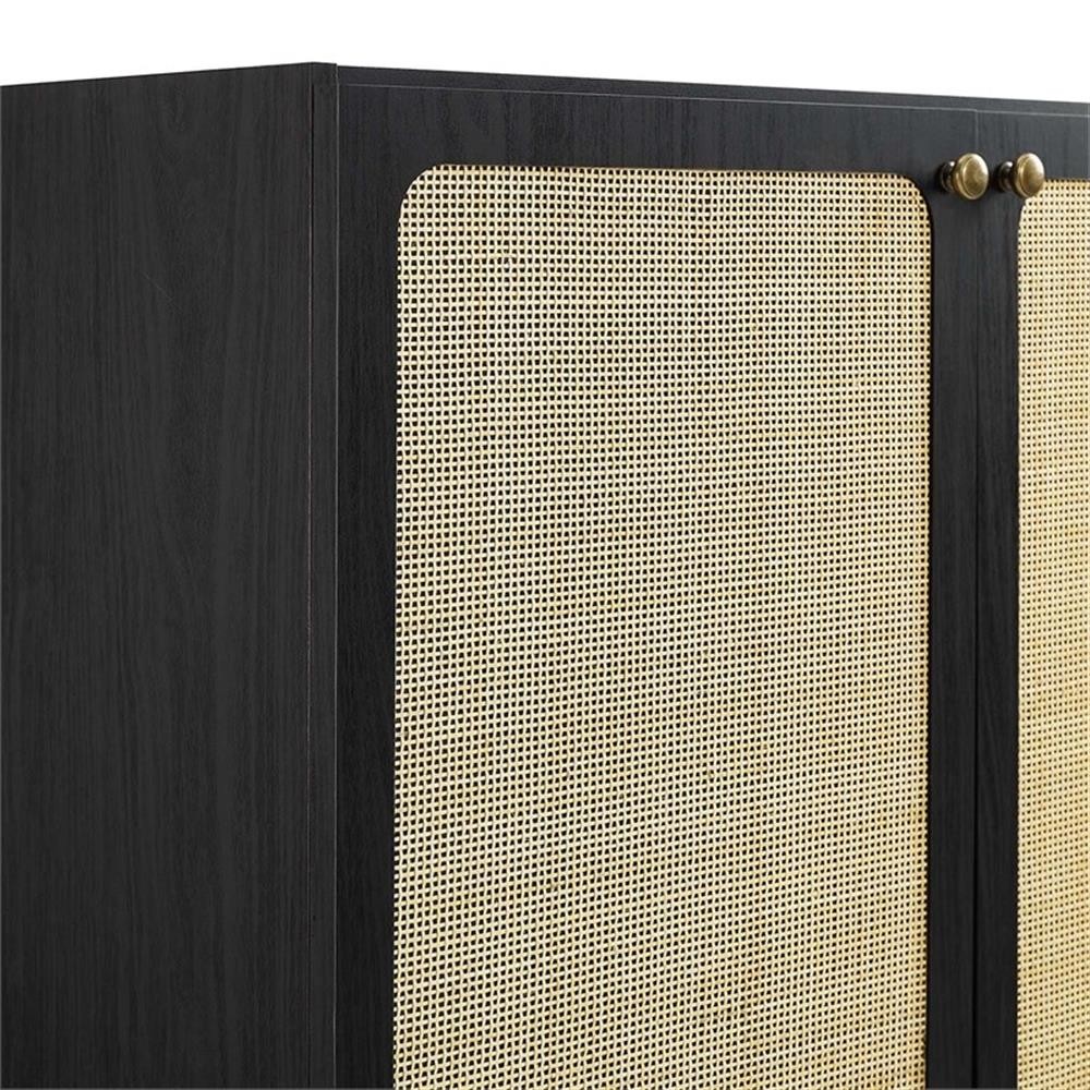 Pemberly Row 36″ Wood & Rattan Bathroom Vanity Cabinet in Black