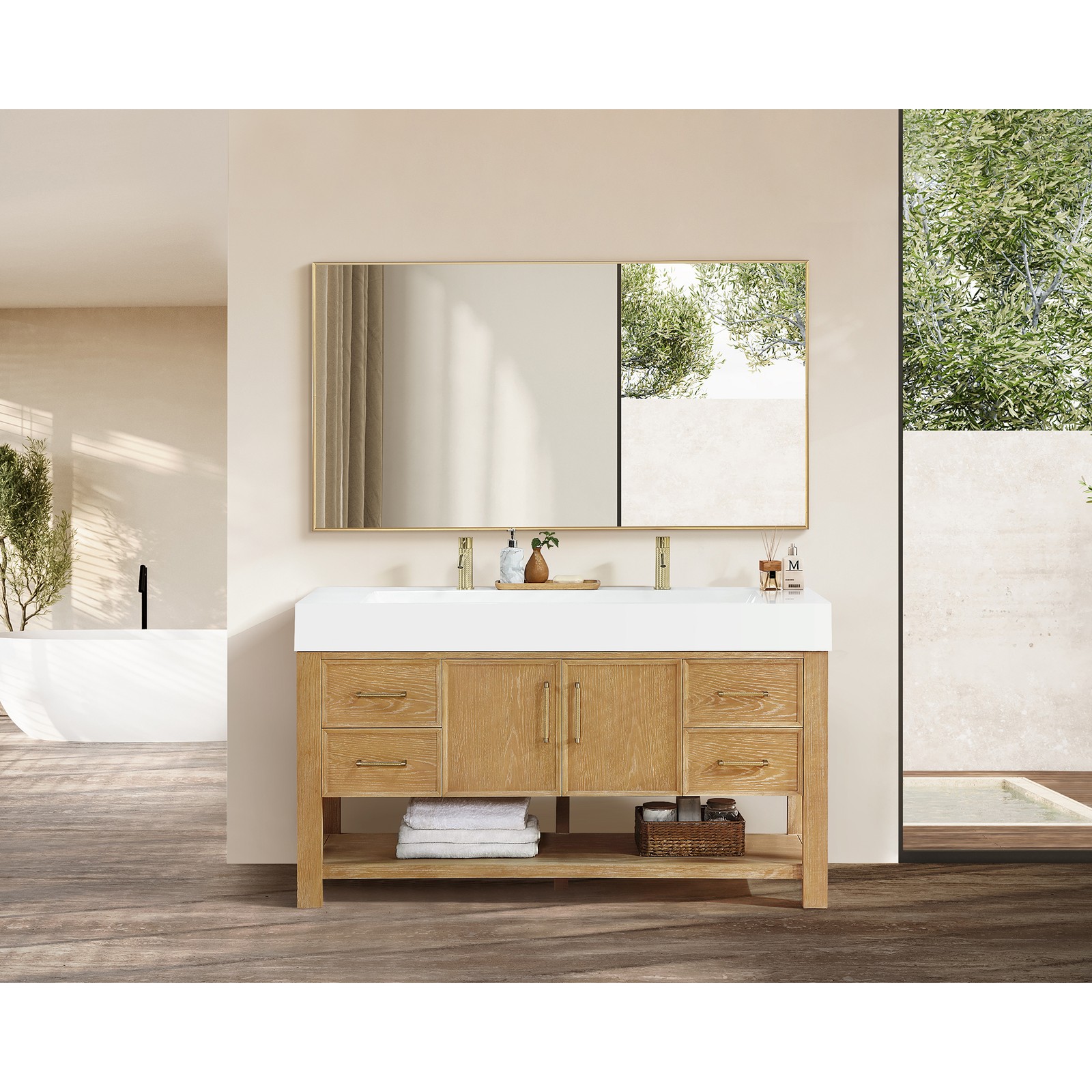 Vera 60″ Single Bath Vanity in Washed Ash Grey with White Integrated Stone Sink