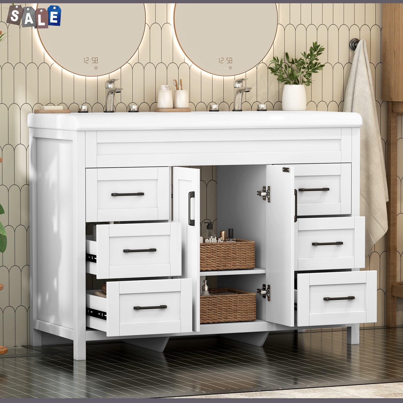 White Bathroom Vanity Double Sink Freestanding Cabinet with Storage Drawers
