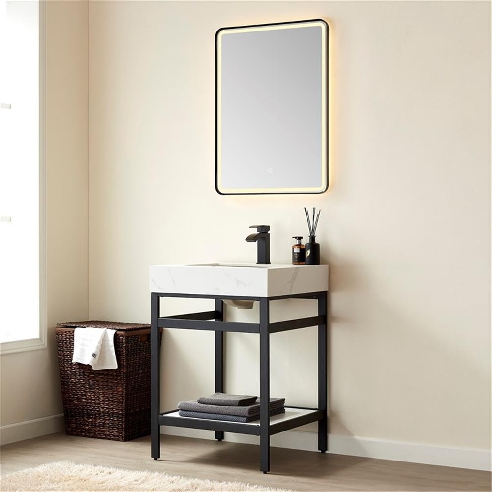 Funes 24″ Single Sink Bathroom Vanity in Matte Black Frame White Top w/ Mirror