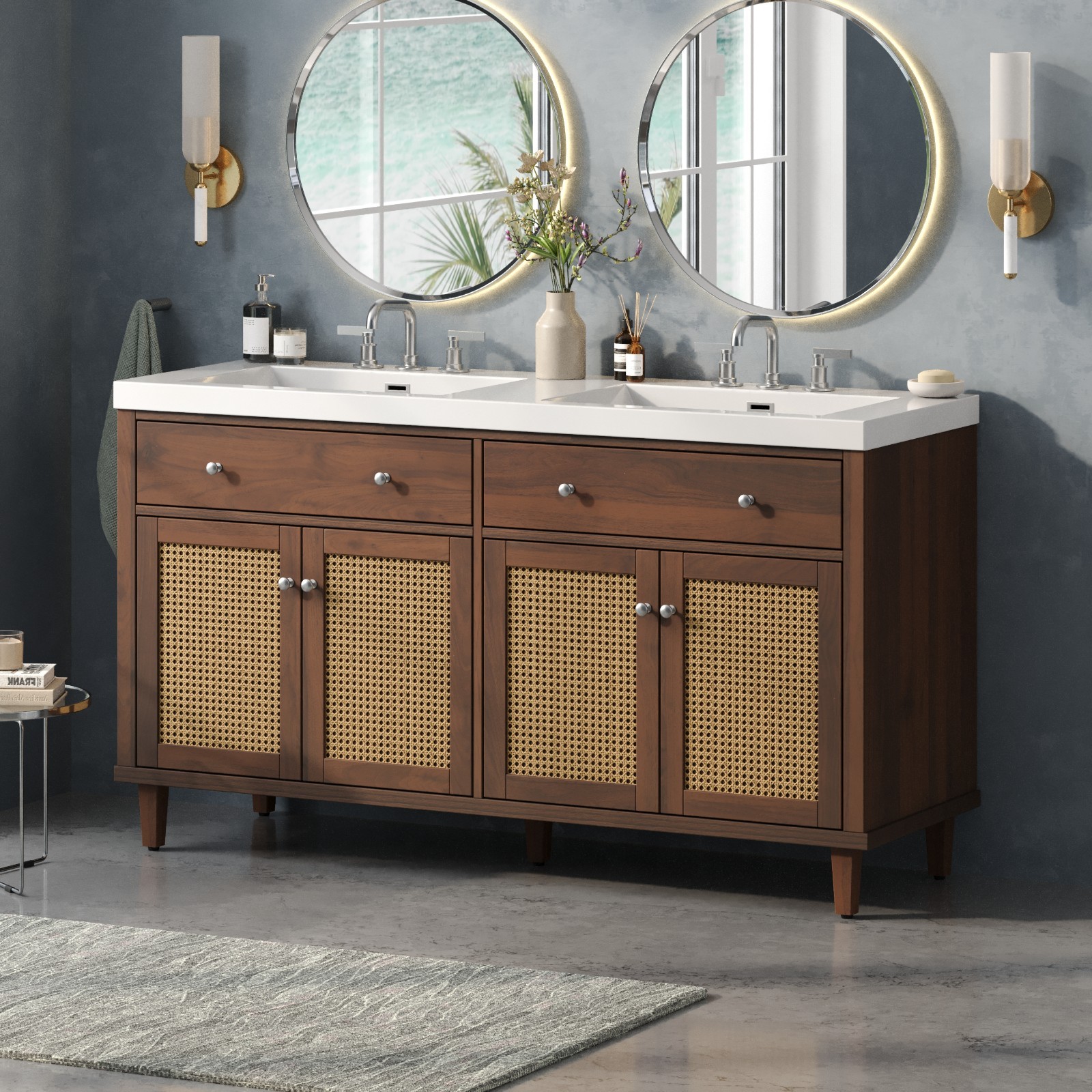 60 Inch Bathroom Vanity with Double Sink,Large Storage Space with 2 Tip-Out Tray