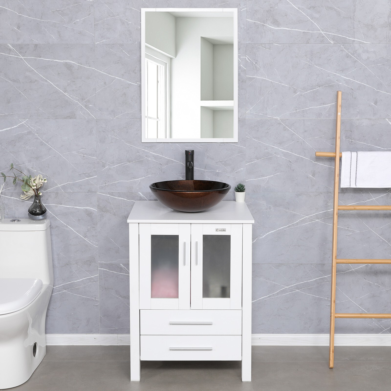 24″ White Bathroom Vanity Set W/Glass Vessel Sink Faucet Mirror Cabinet Combo
