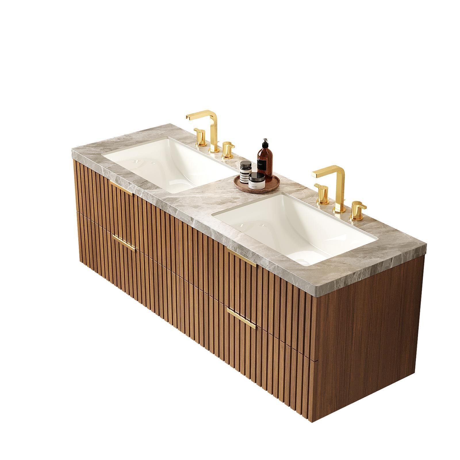 Brown Oak Bathroom Vanity 60-Inch, Italian Sintered Stone Countertop, Double