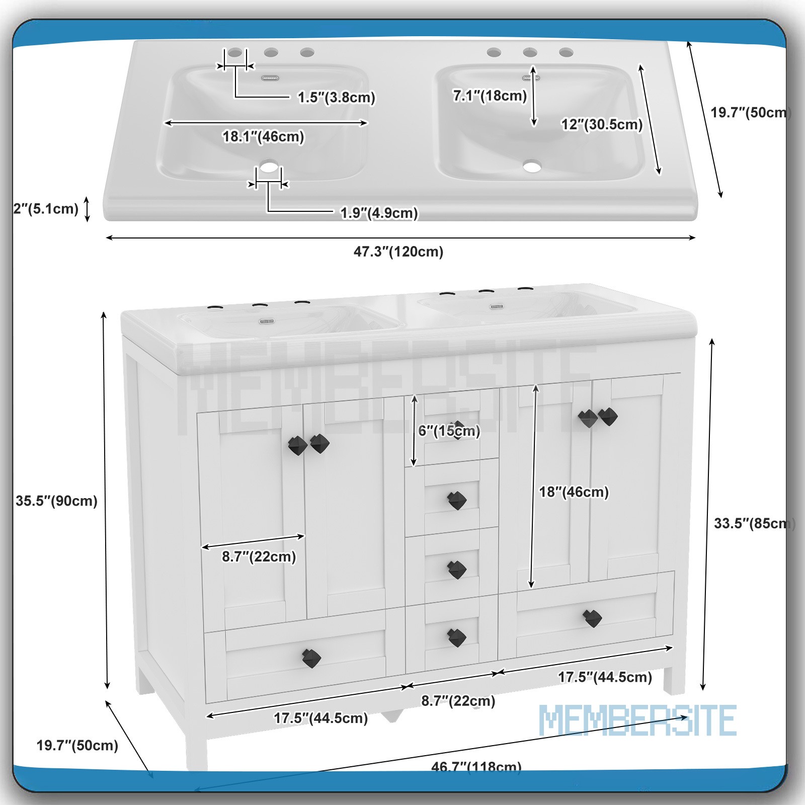 Bathroom Vanity 47.3″ Bathroom Sink Cabinet w/Soft Closing Doors 6 Drawers White