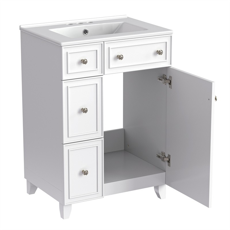 24″ White Bathroom Vanity Cabinet with Ceramic Sink,2 Drawers,1 Soft-Close Door