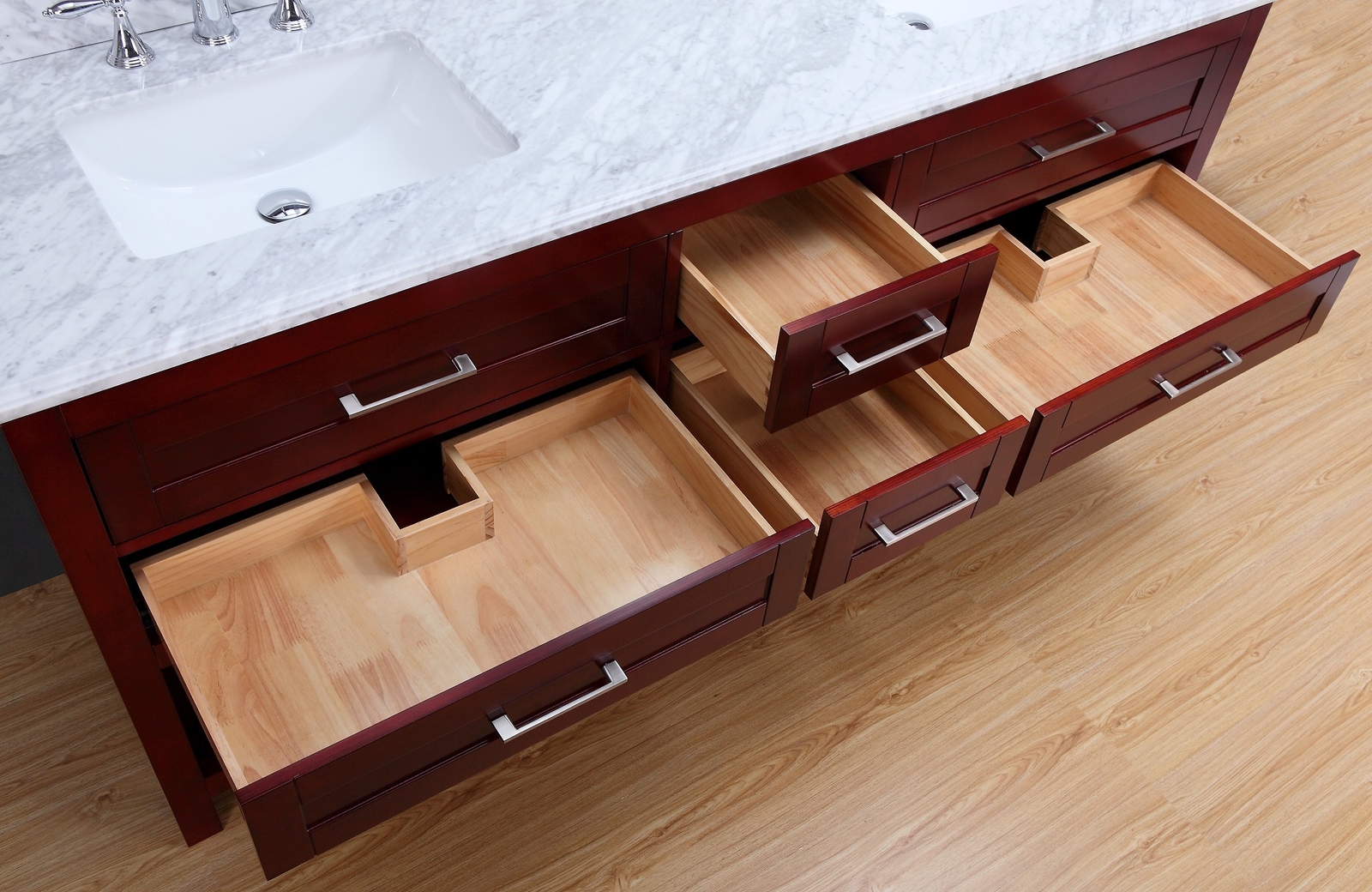 72″ Double Sink Bathroom Vanity Set White Carrera Marble Cherry Finish – Neva