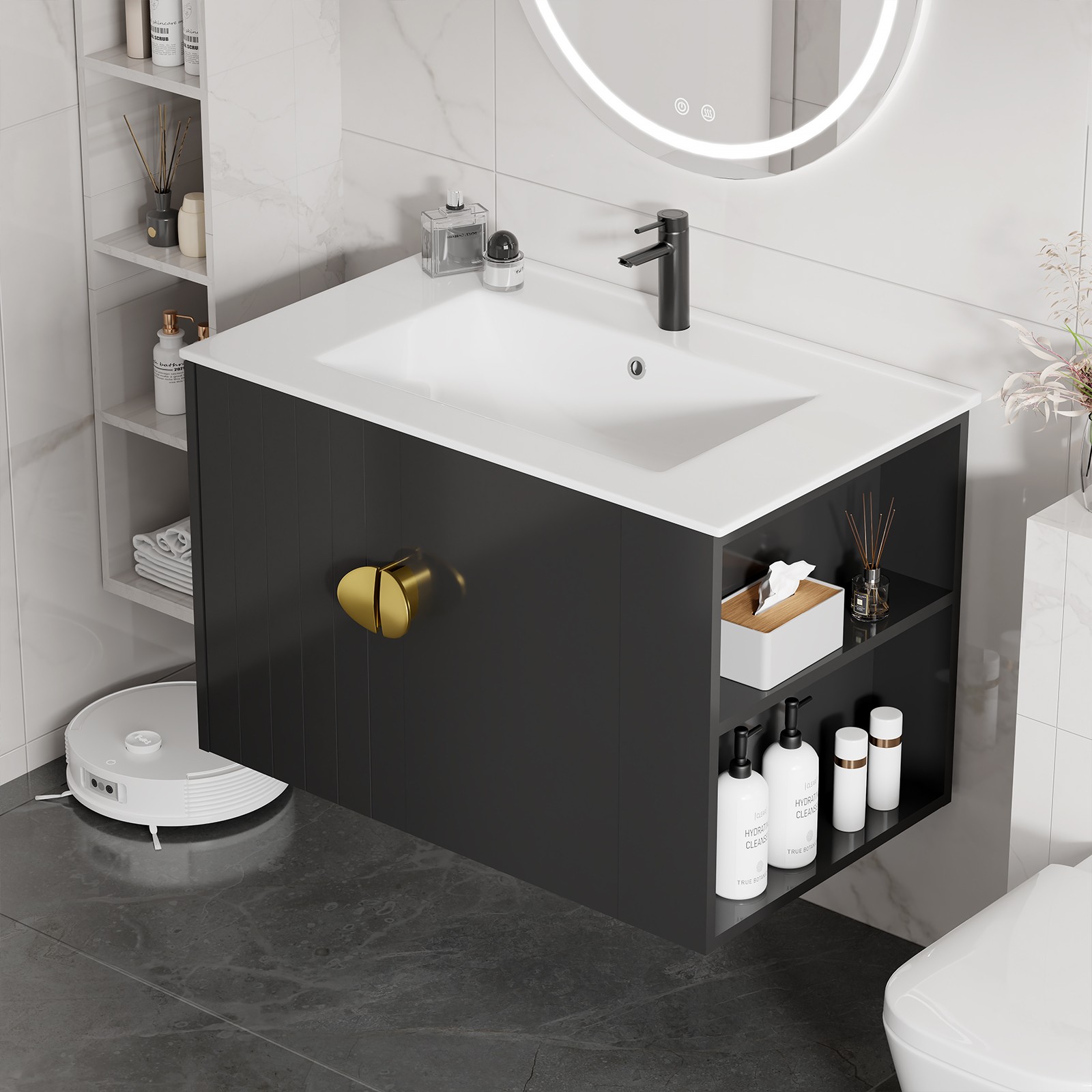 30″ Blcak Wall Mounted Bathroom Vanity Cabinet with Ceramic Sink & 2 Doors