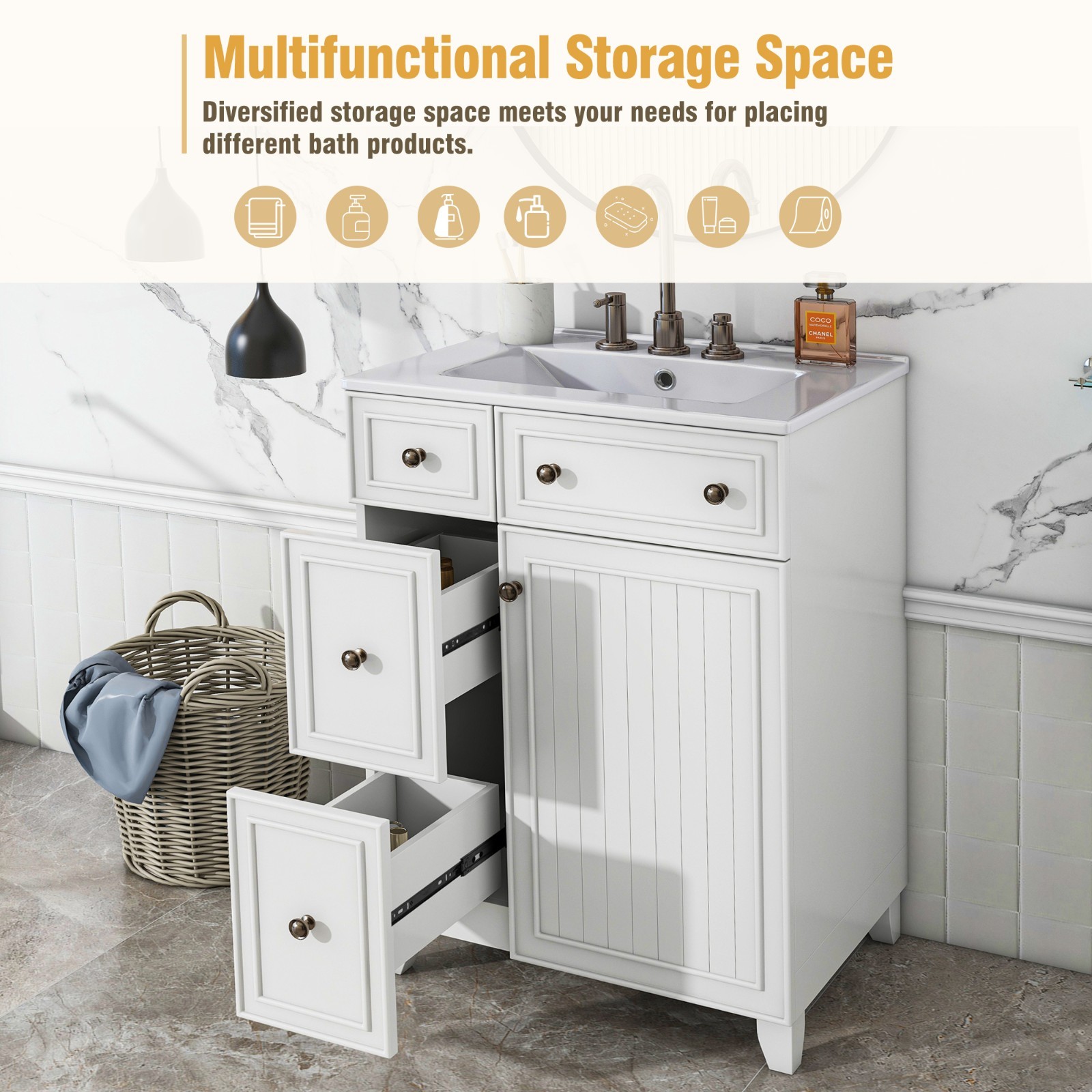 White Vanity for Bathroom 24″ Floor Standing Single Sink Unit with Storage Space