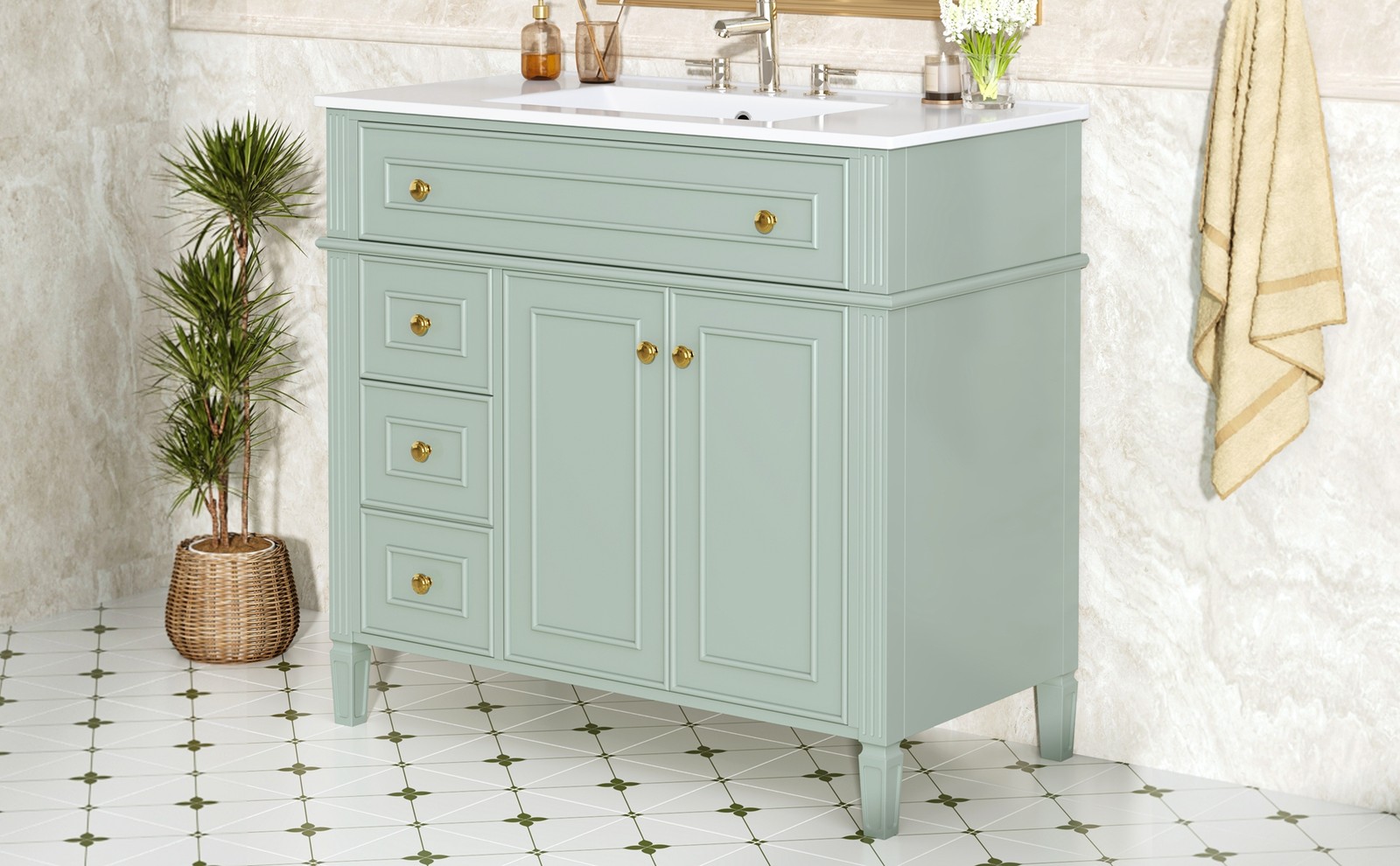 36 Inch Bathroom Vanity with Sink, Green Solid Wood Cabinet, Gold Handles