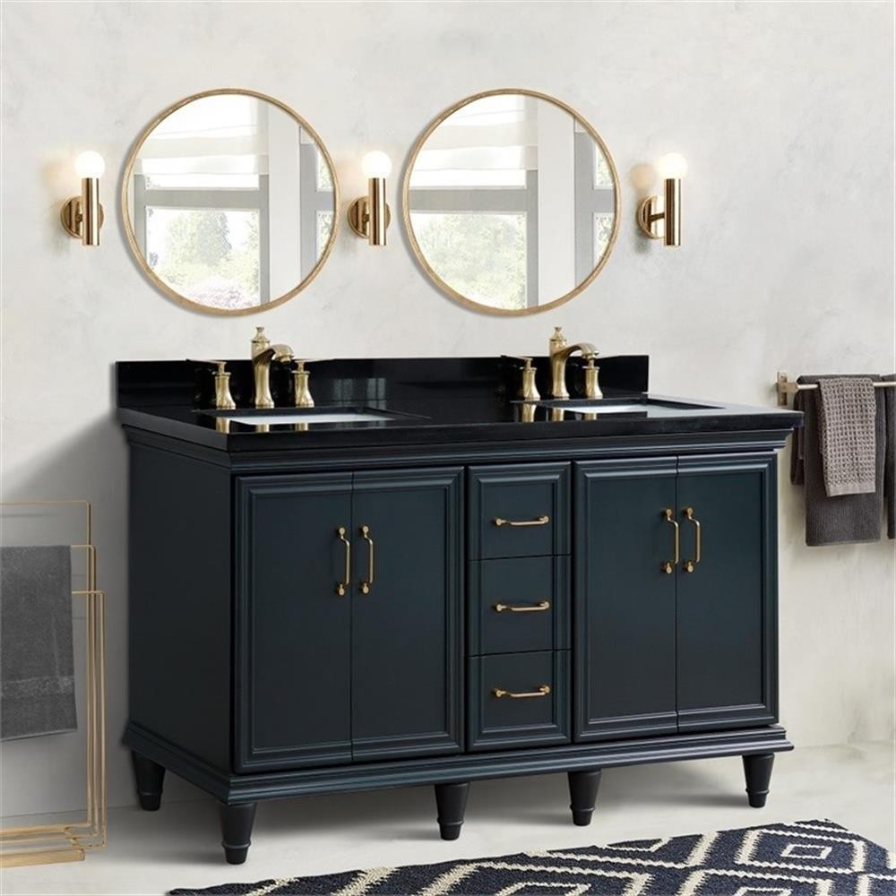 61 in. Double Wooden Vanity Dark Gray Black Galaxy Granite Rectangle Sink