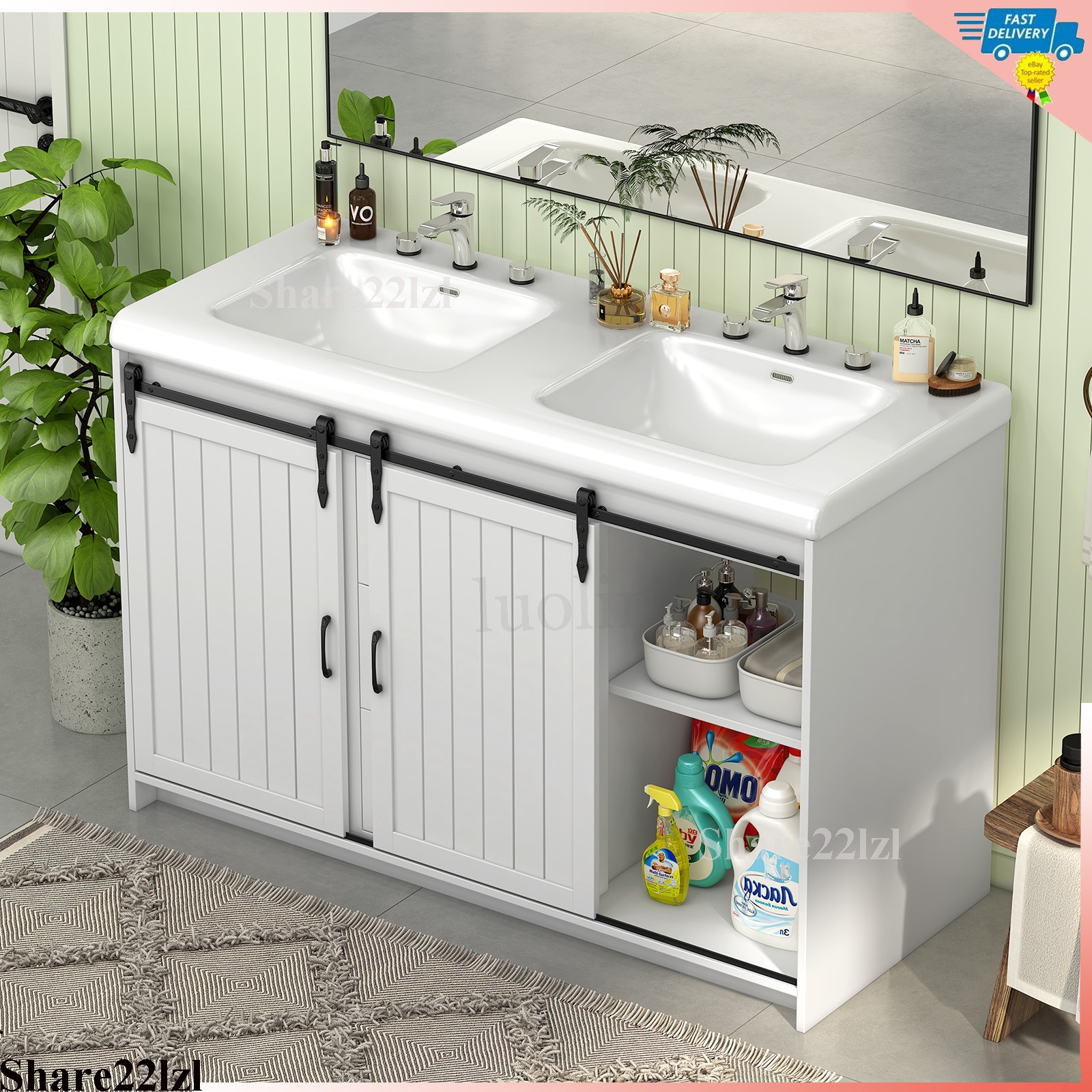 47″ Bathroom Vanity With Double Sink Cabinet Ceramic Basin Under White No Mirror