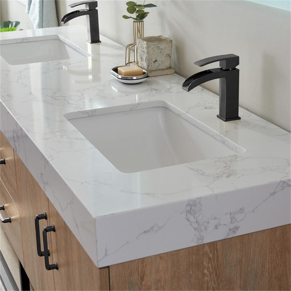 Pemberly Row 72″ White Stone Top Oak Double Vanity Black Frame w/o Mirror