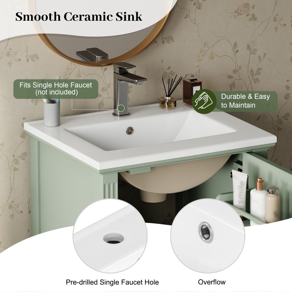 20″ Green Bathroom Vanity, Ceramic Sink, Solid Wood Legs, Soft-Close, Storage