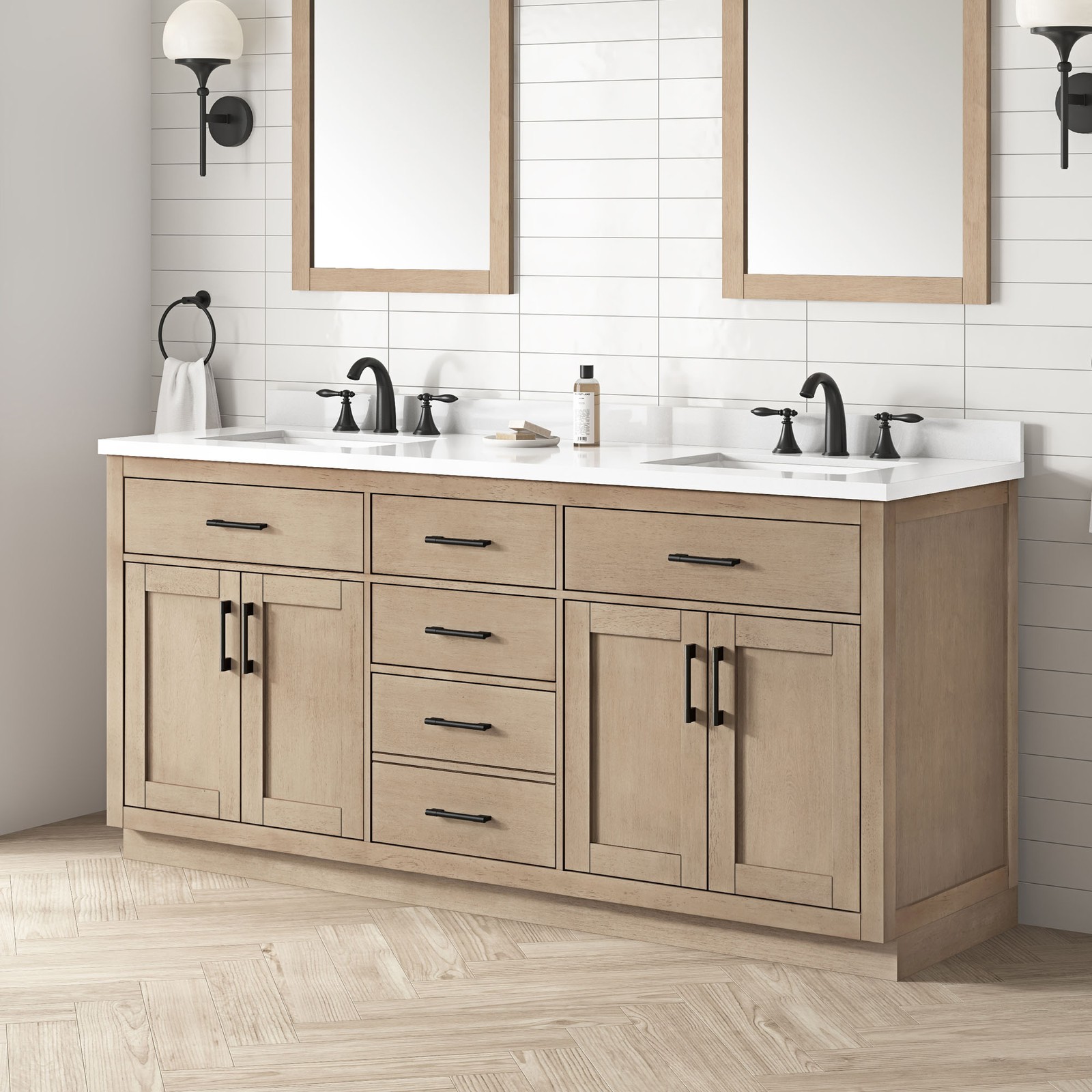 Bailey 72″ Double Bathroom Vanity in Sahara Birch with White Countertop
