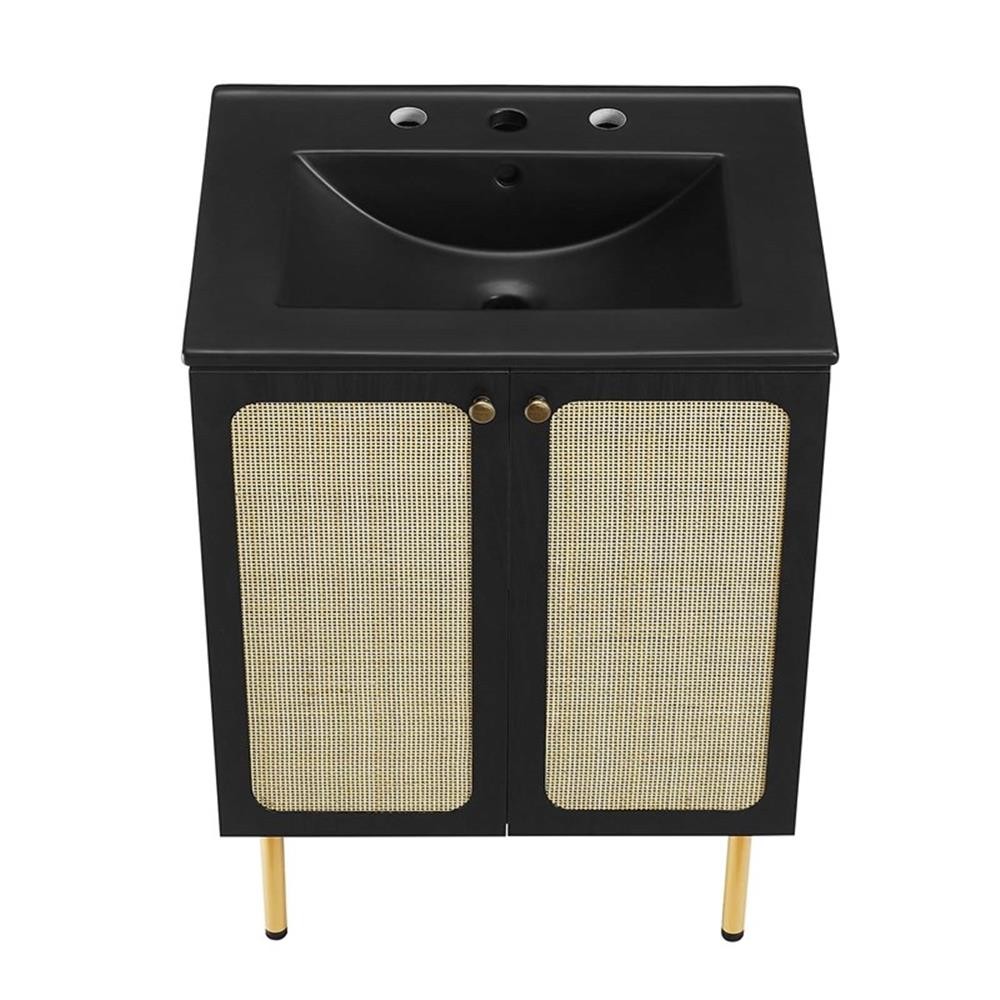 Modway Chaucer 24″ Wood & Rattan Bathroom Vanity with Adjustable Shelf in Black