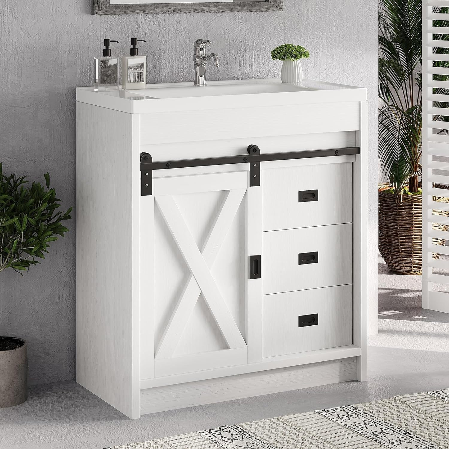 4Ever2Buy 30″ Farmhouse Bathroom Vanity with Sink, Small White Bathroom Vanity C