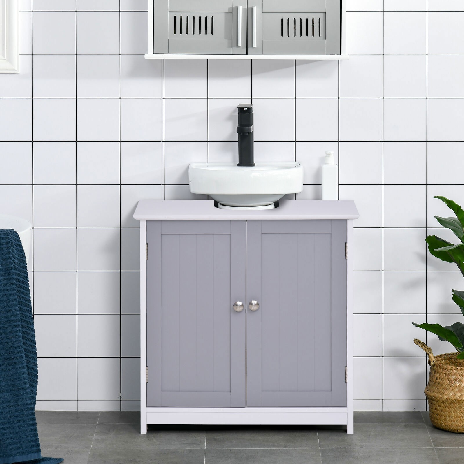 Short Pedestal Sink Washroom Storage Furniture w/Double Doors and Moveable Shelf