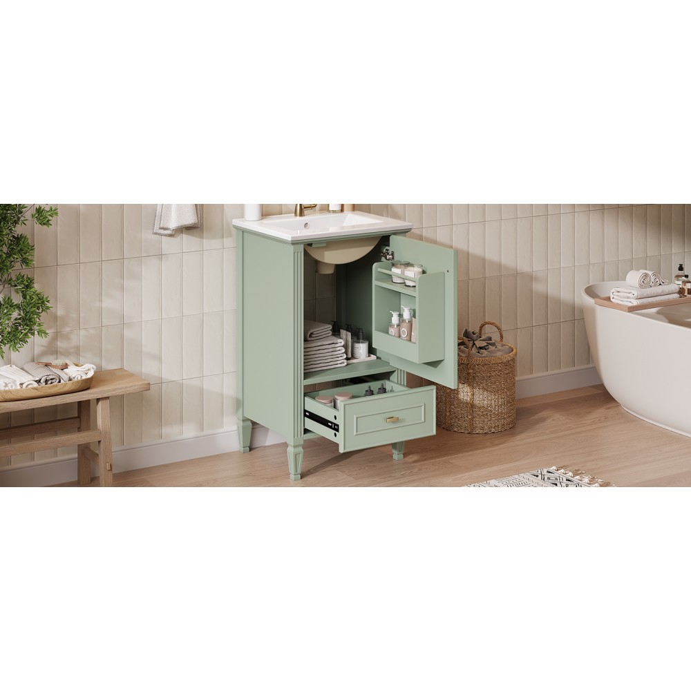 20″ Green Bathroom Vanity, Ceramic Sink, Solid Wood Legs, Soft-Close, Storage