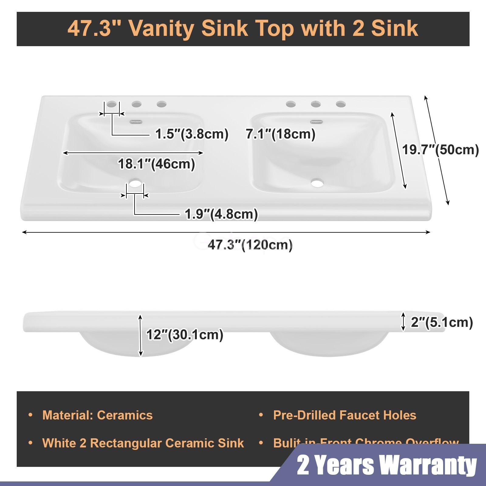 47″ Bathroom Double Sink Vanity Cabinet Ceramic W/ Double Sink Cabinet White