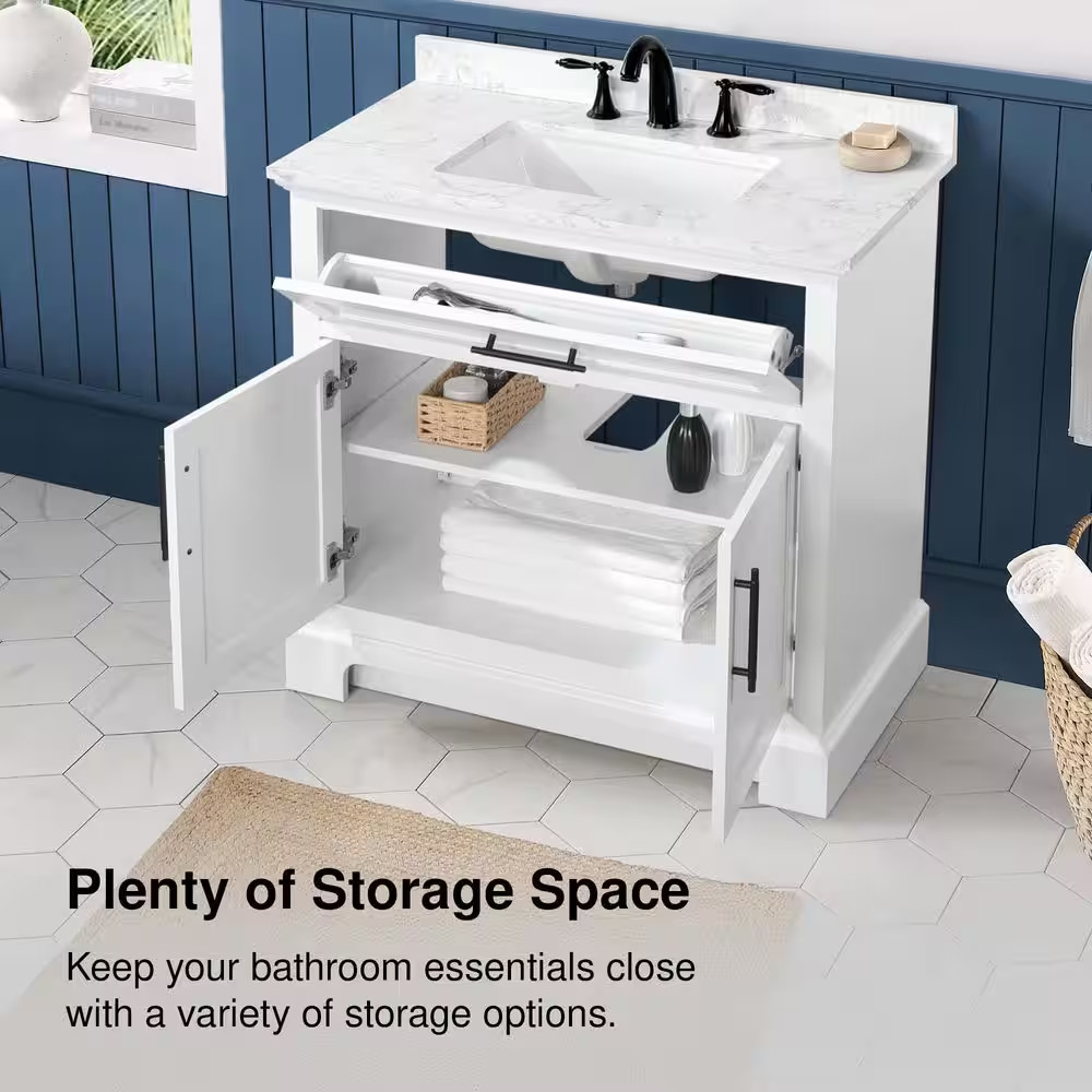 Doveton 36 In. Single Sink Freestanding White Bath Vanity with White Engineered
