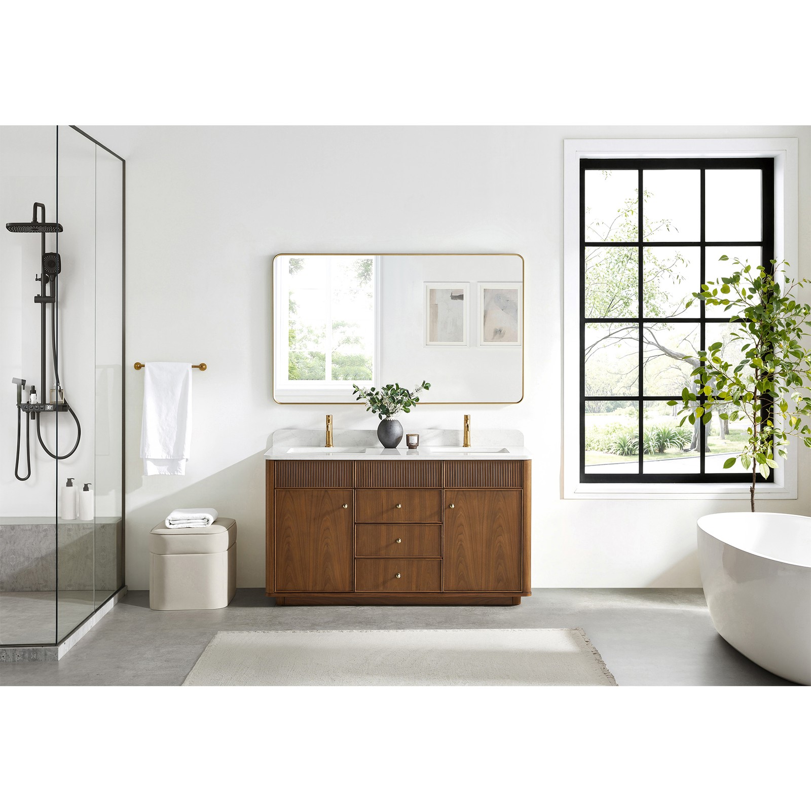 Zogno 60″ Double Sink Bath Vanity in Natural Walnut with White Grain Stone Top