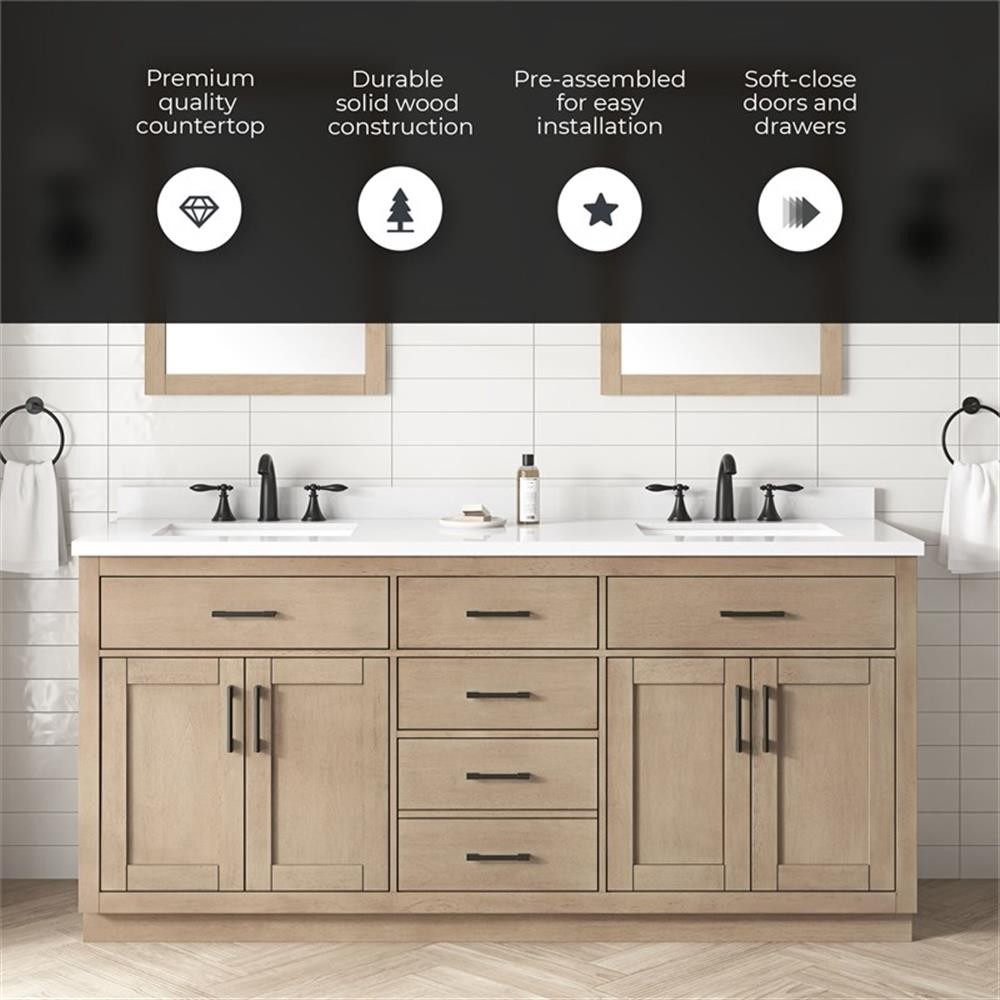 Pemberly Row 72″ Double Bathroom Vanity in Sahara Birch with White Countertop