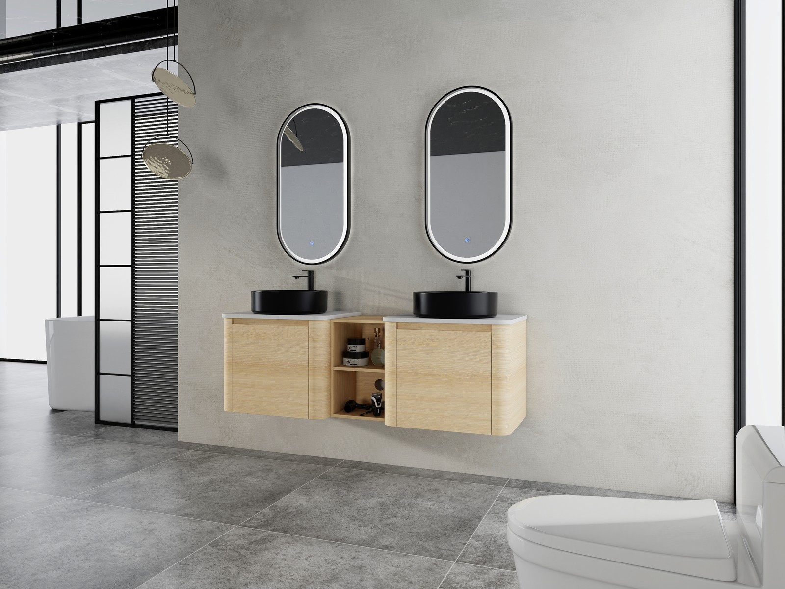 60 in Floating Bathroom Vanity Cabinet 2x Black Ceramic Sink Basin +Open Shelves