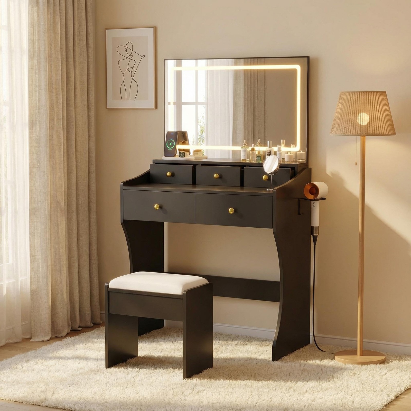31.5-Inch Vanity Set Stool LED Mirror Hairdryer Holder Power Outlet