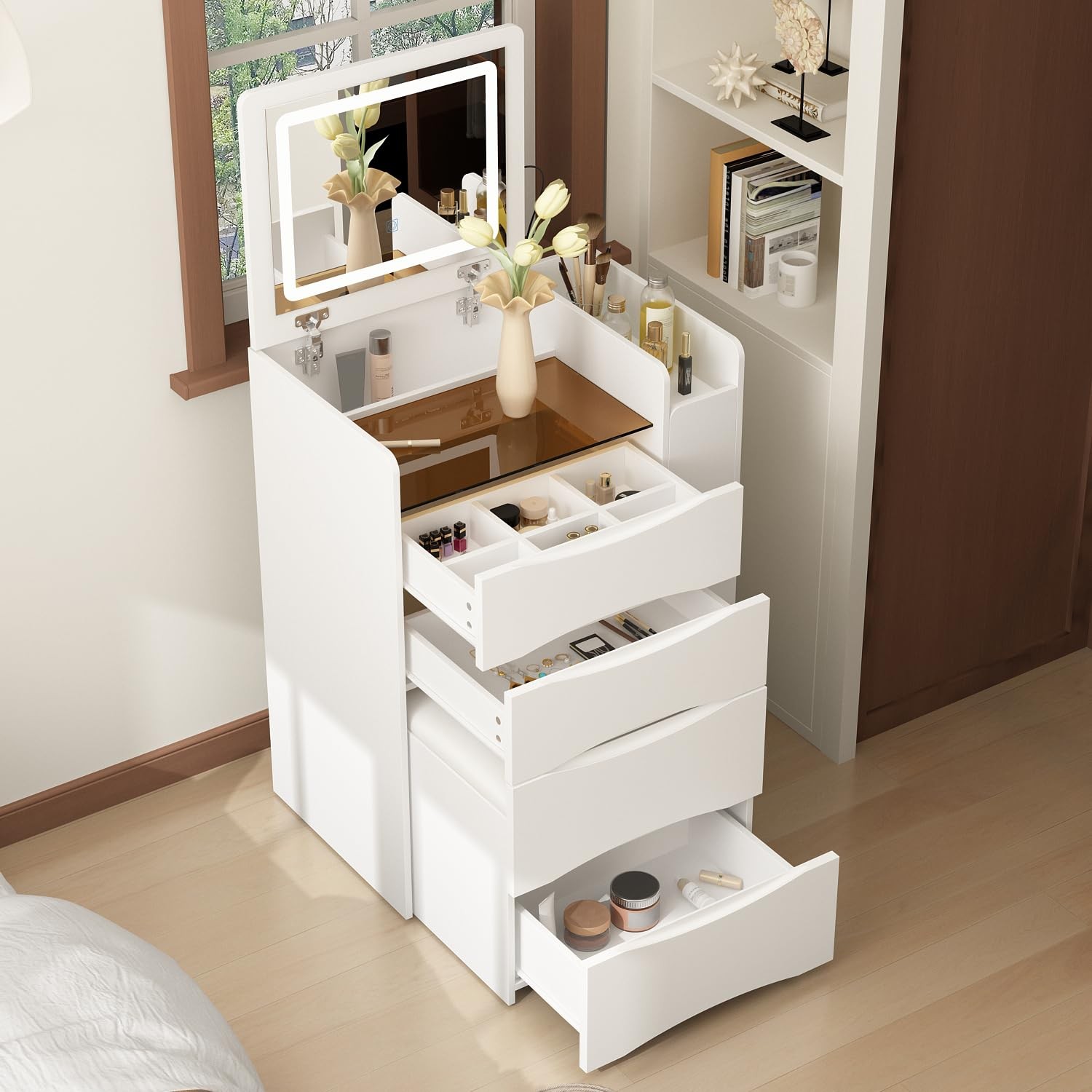 White Vanity Set with LED Mirror 3-Tier Shelf Stool Drawers Organizer Glass Top