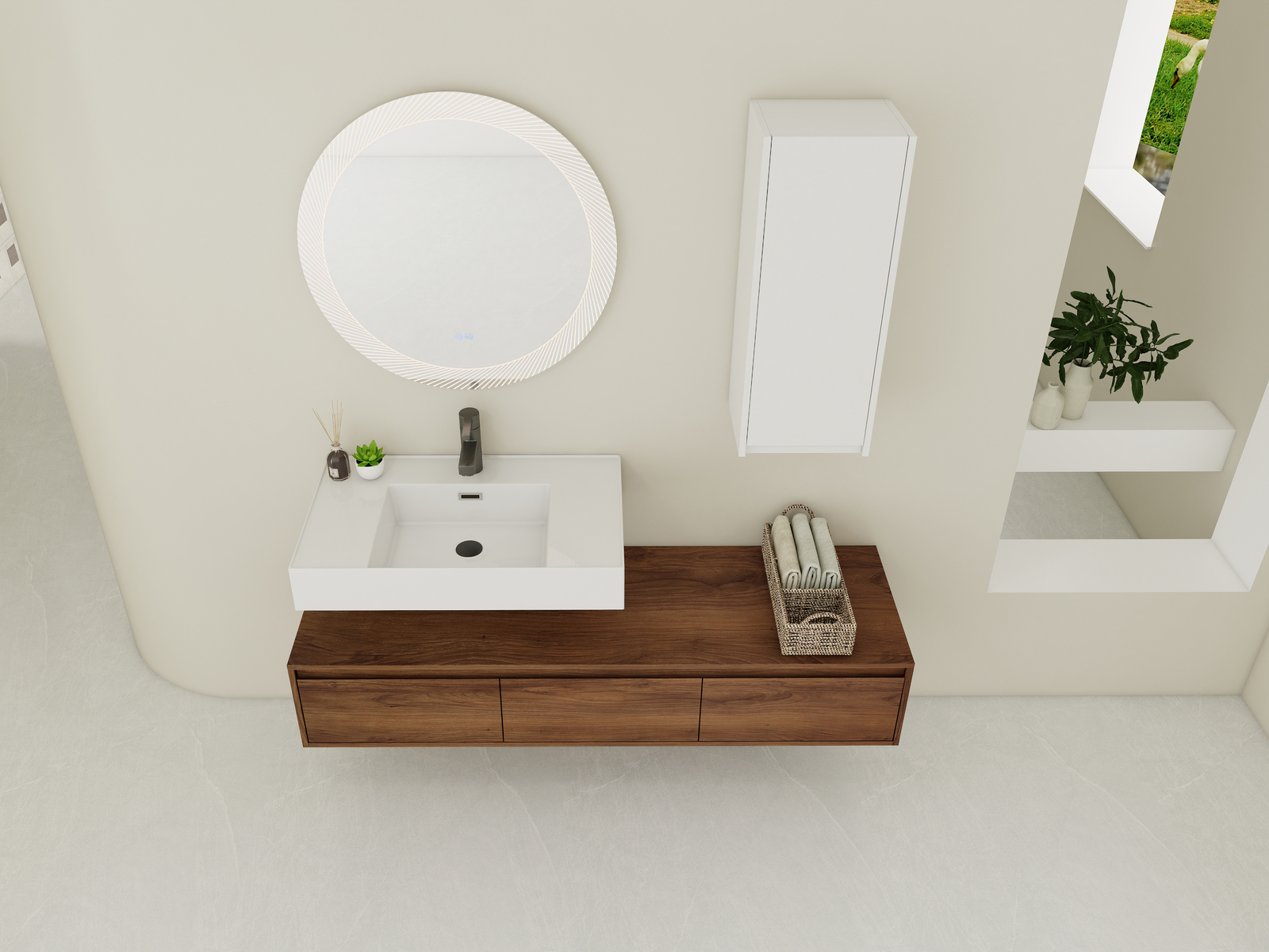 60in Floating Wall-Mounted Bathroom Vanity W/ Resin Sink+Side Cabinet +3 Drawers
