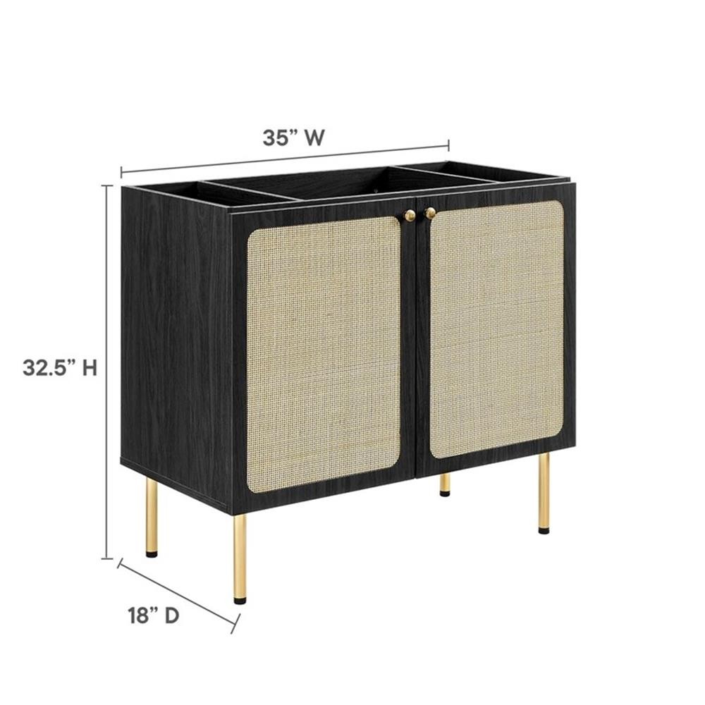 Pemberly Row 36″ Wood & Rattan Bathroom Vanity Cabinet in Black