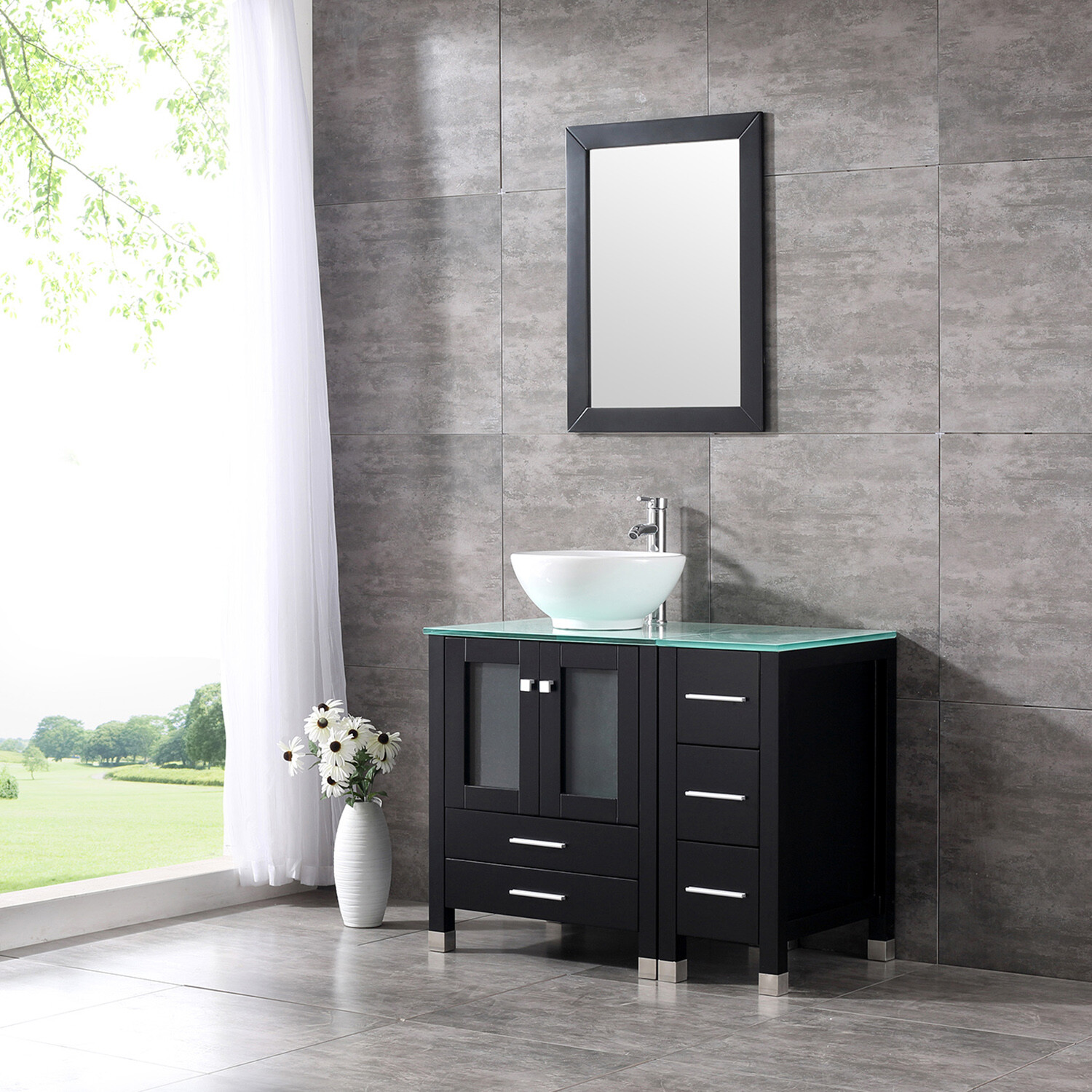 36” Bathroom Vanity Cabinet Black/ Brown/ White Round Ceramic Sink Faucet Drain