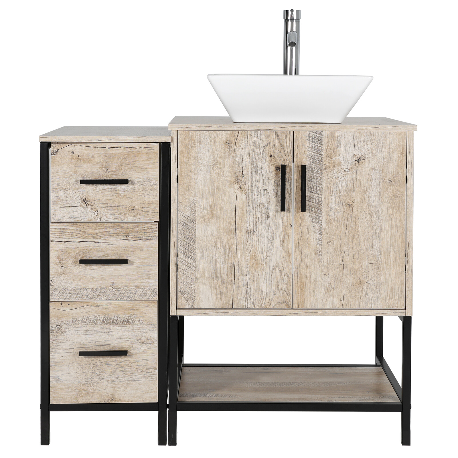 36″ Bathroom Vanity Sink Combo Oak Cabinet Vanity Tempered Glass/Ceramic Sink