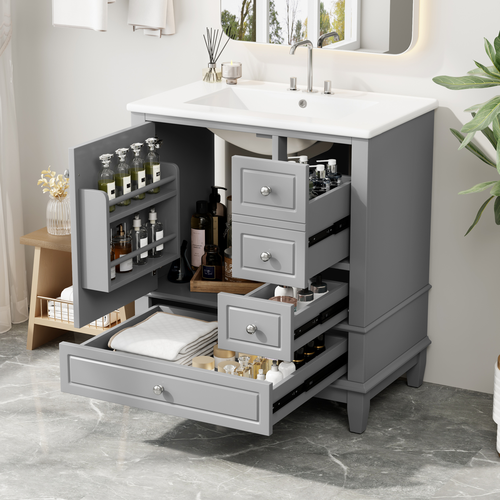 30″ Bathroom Vanity with Ceramic Sink Freestanding Solid Wood Storage Cabinet