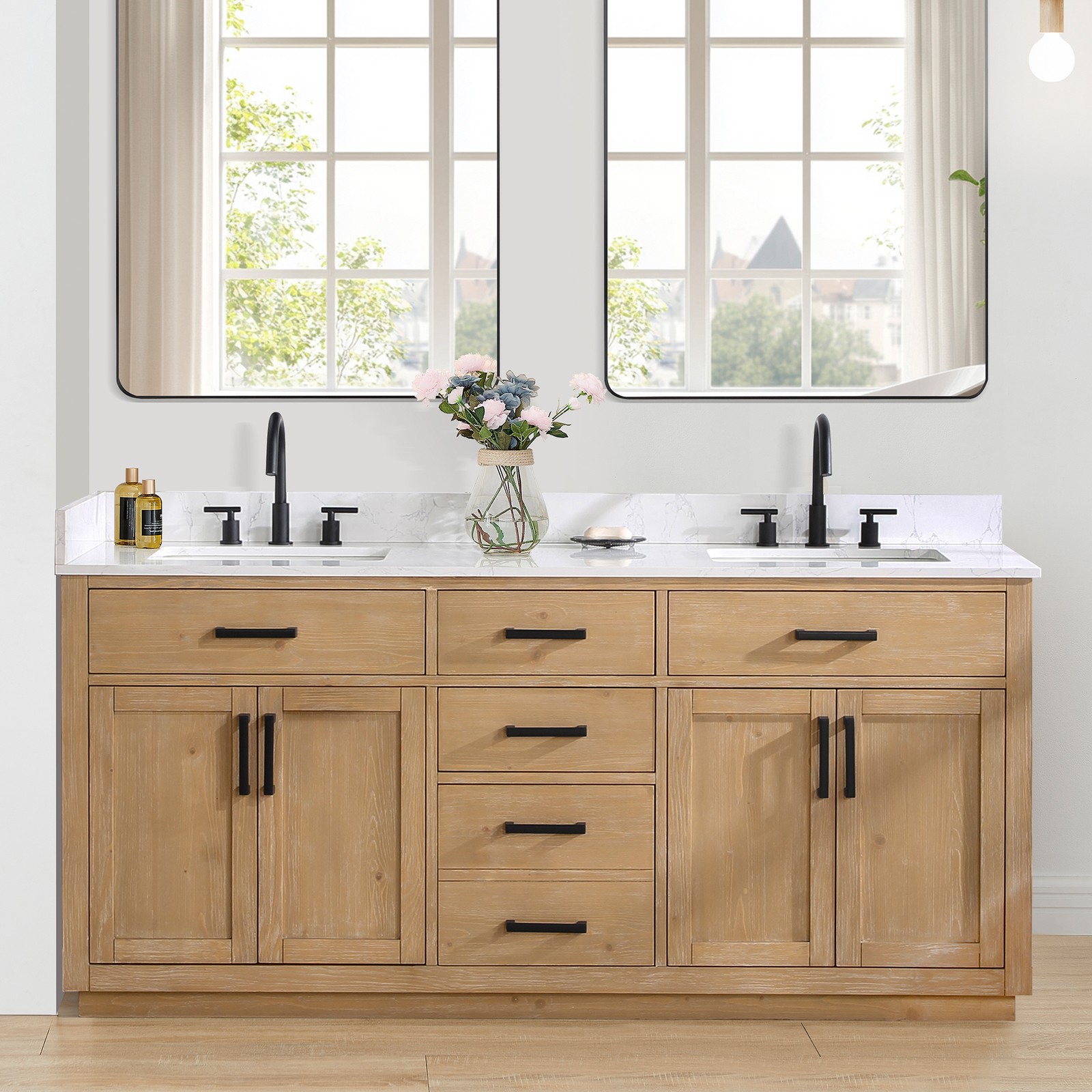 Gavino 72″ Wood Vanity in Light Brown with Composite Stone Top no Mirror