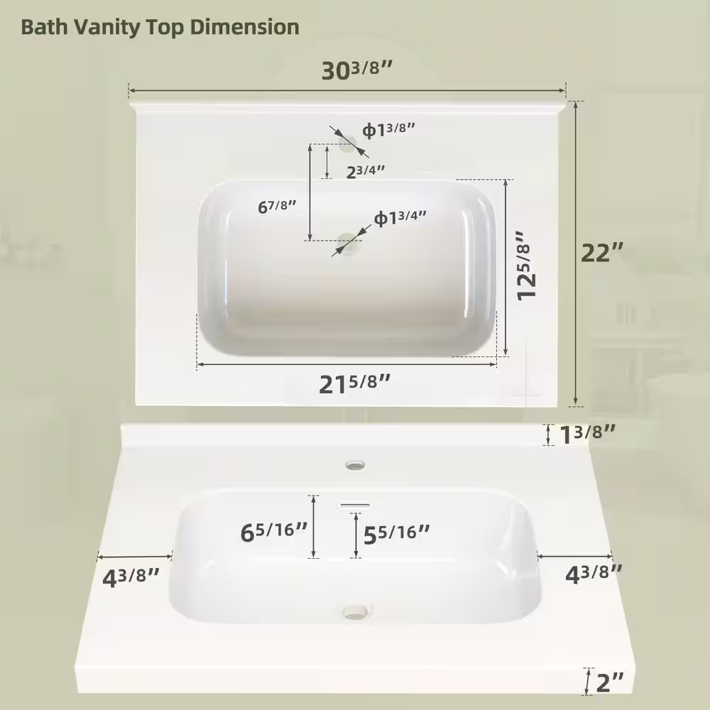 30 In. W X 22 In. D Solid Surface White Rectangular Bath Vanity Top with Single