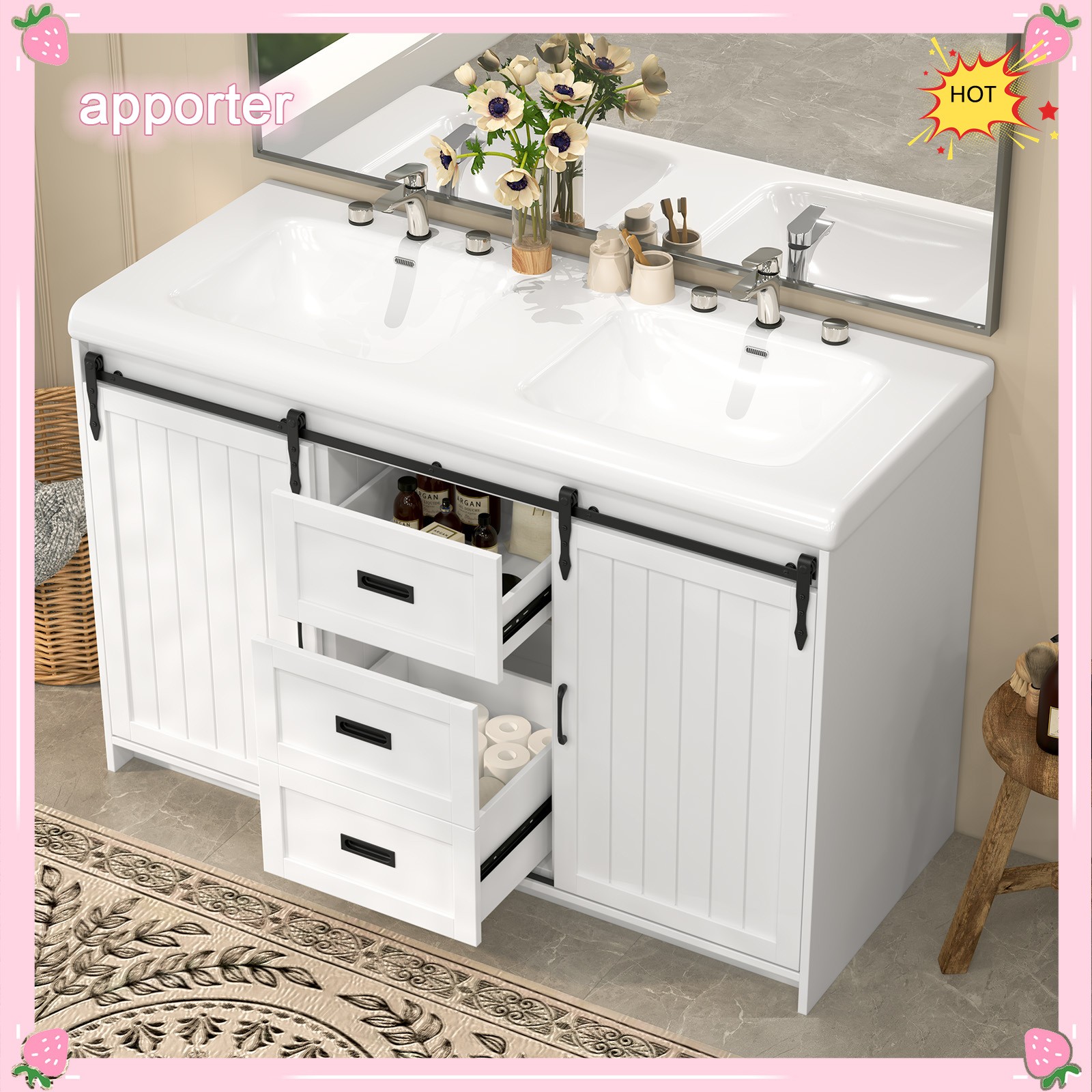 47.3″ Bathroom Double Sink Vanity Cabinet Ceramic Vessel Double Sink Cabinet US
