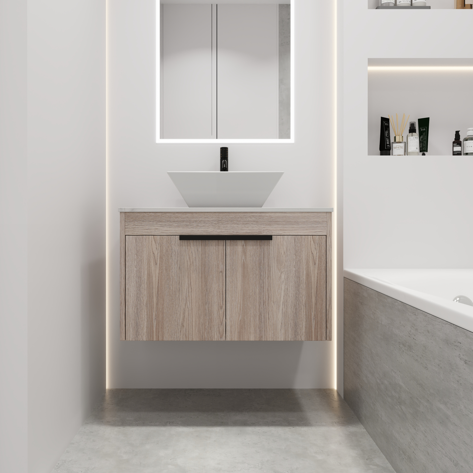 30″ Modern Floating Wall Mounted Bathroom Vanity Cabinet Ceramic Vessel Sink