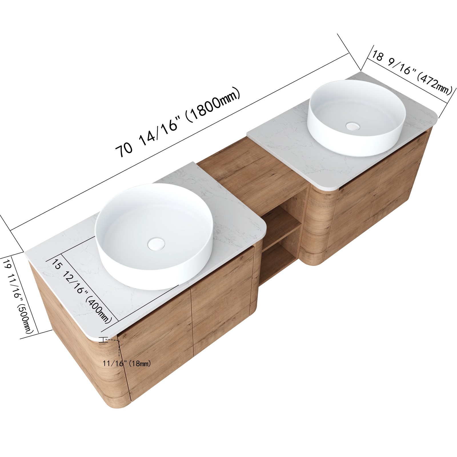 72in Wall-Mounted Bathroom Vanity W/ Double White Ceramic Basin Shelves Plywood