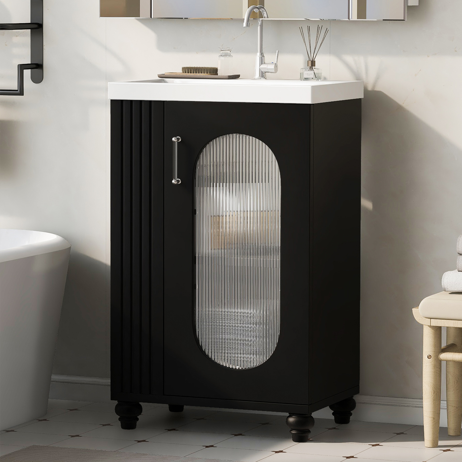 20″ Bathroom Vanity with Sink, Bathroom Vanity Cabinet with Two-tier Shelf Black