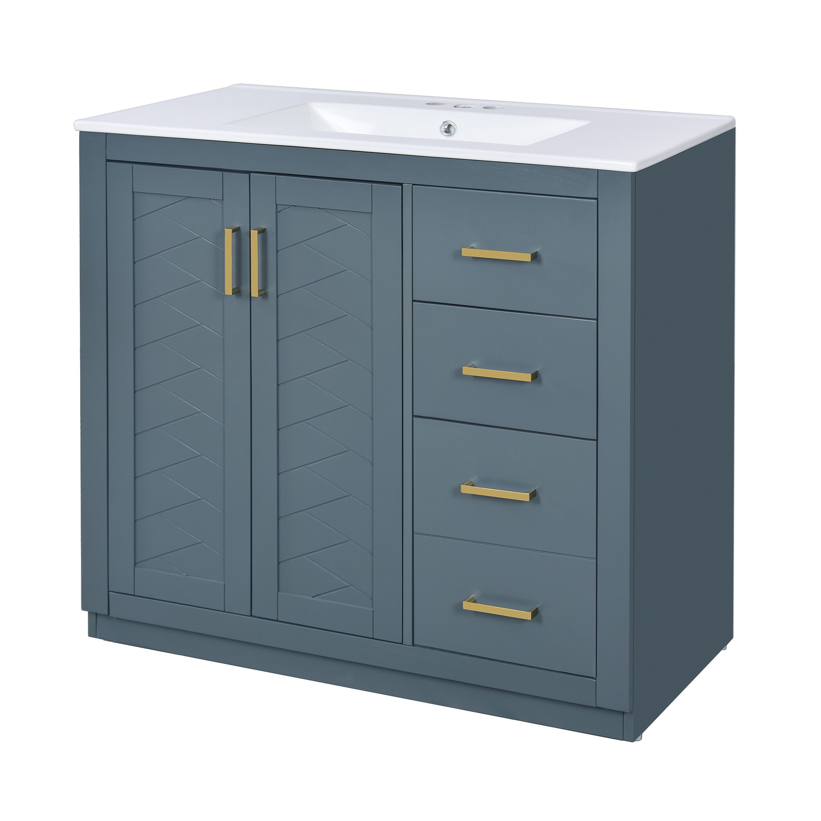 36″ Bathroom Vanity with Ceramic Sink, Solid Wood Frame, 3 Drawers & Doors