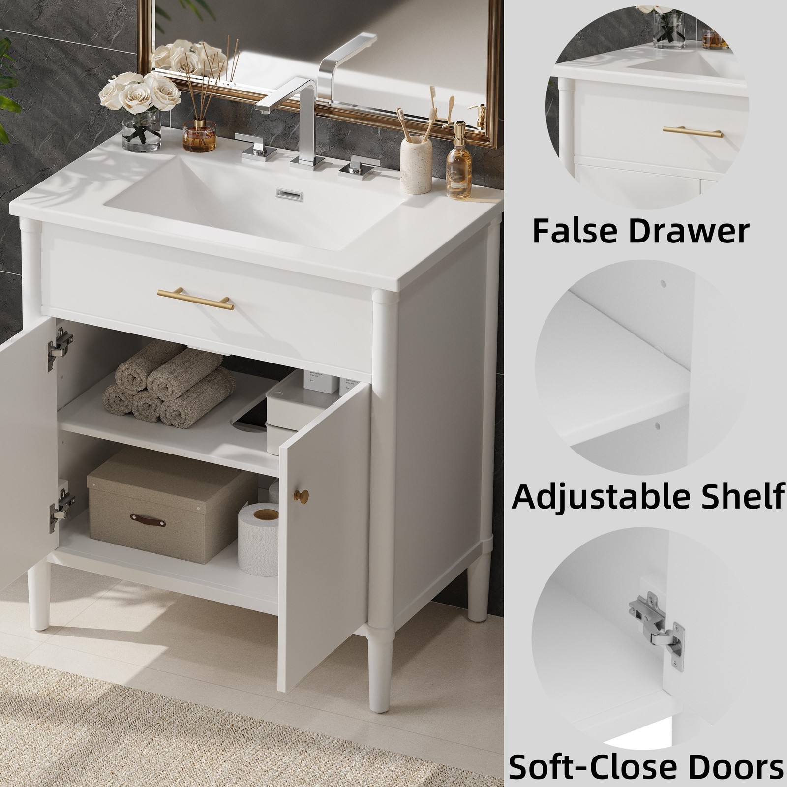 30″ Bathroom Vanity with Sink, Bathroom Cabinet with Soft Close Doors White