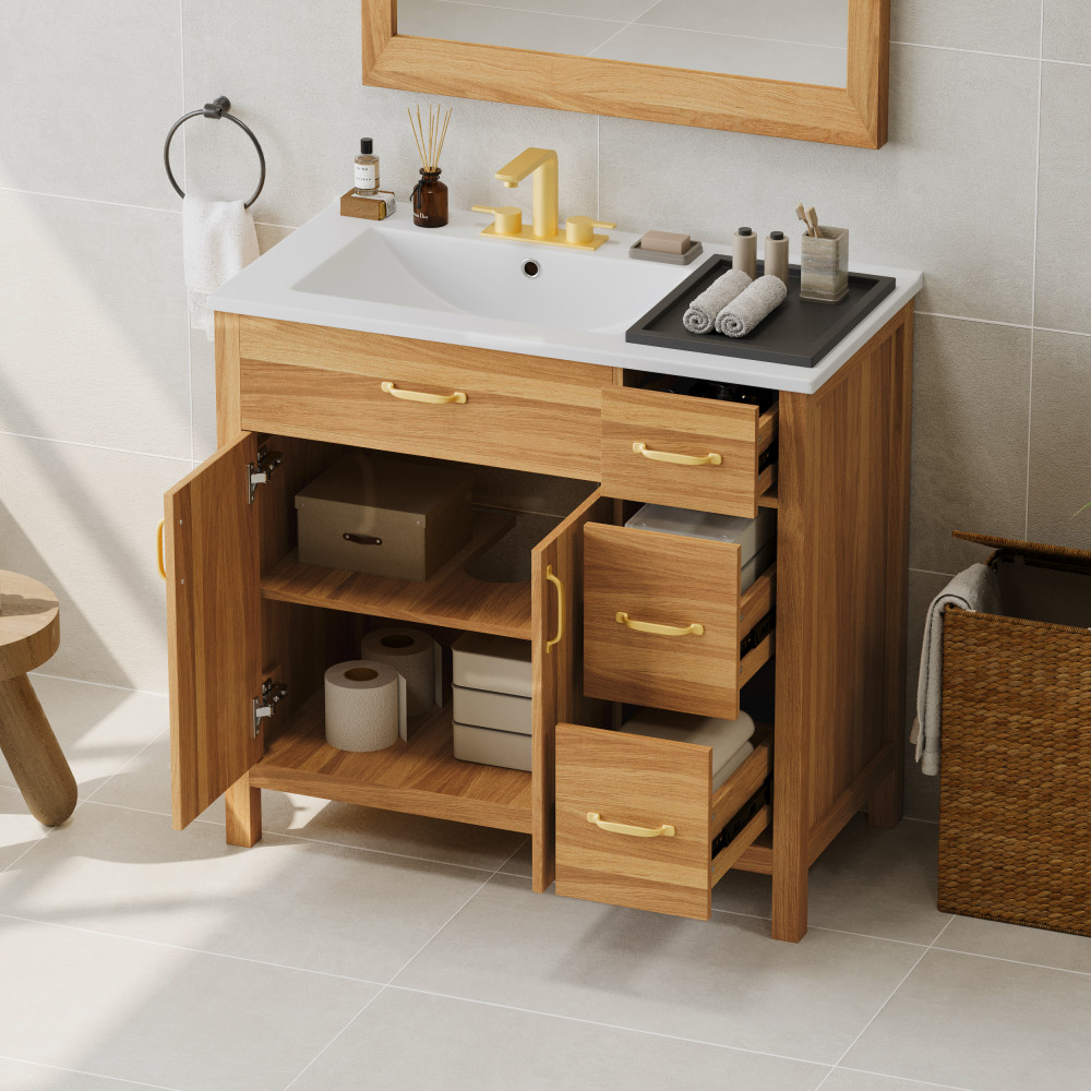 36 Inch Wood Bathroom Vanity with Ceramic Sink, Soft Close Doors & Drawers