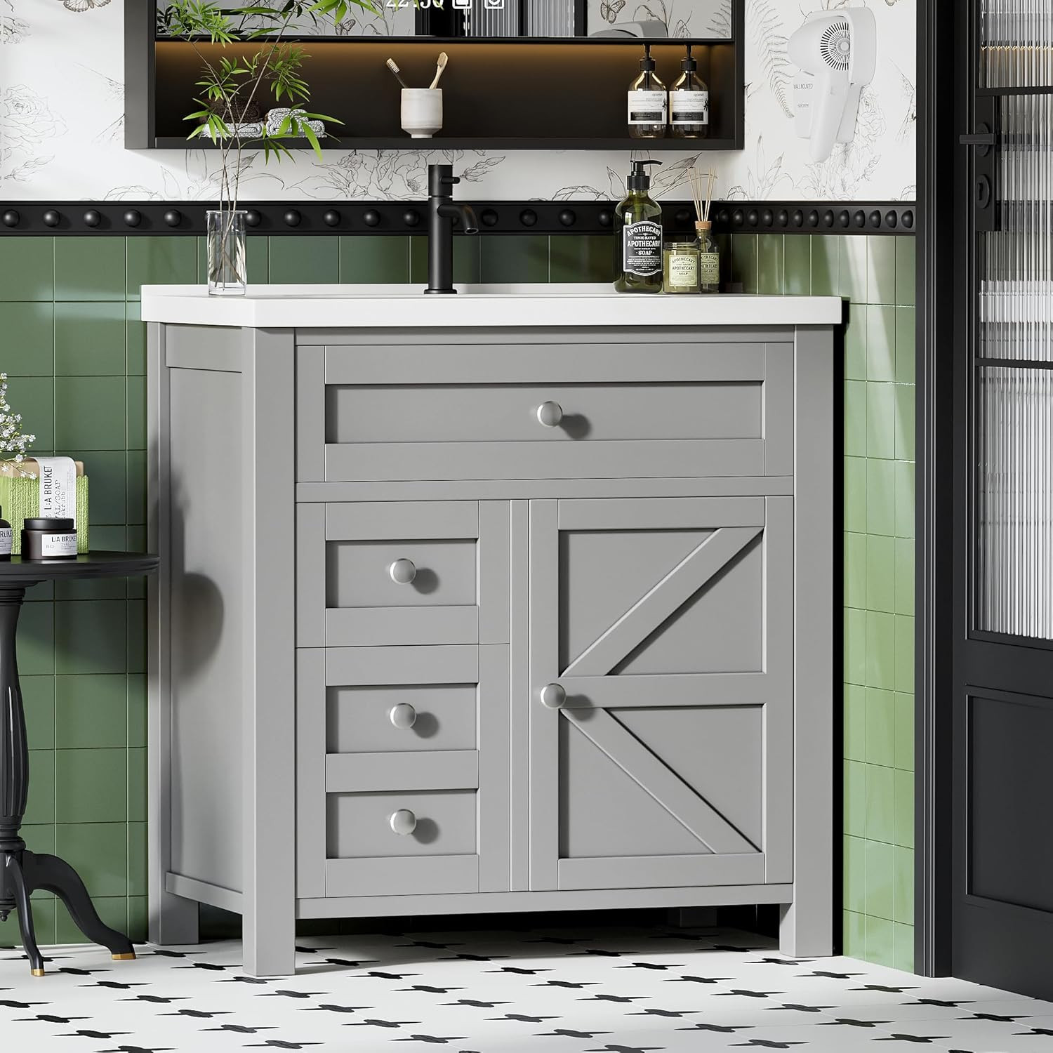 30” Grey Bathroom Vanity with Sink, Drawers & Metal Handles, Freestanding